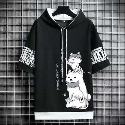 Men's Short-Sleeve Hoodie with Adorable Cartoon Cat Print, Adjustable Drawstring, and Stylish Text Details on Sleeves for Casual Wear