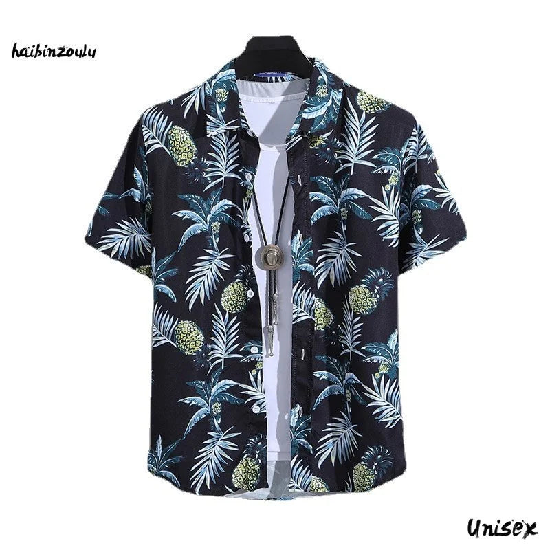 Tropical Print Short Sleeve Unisex Hawaiian Shirt with Pineapple and Palm Tree Design