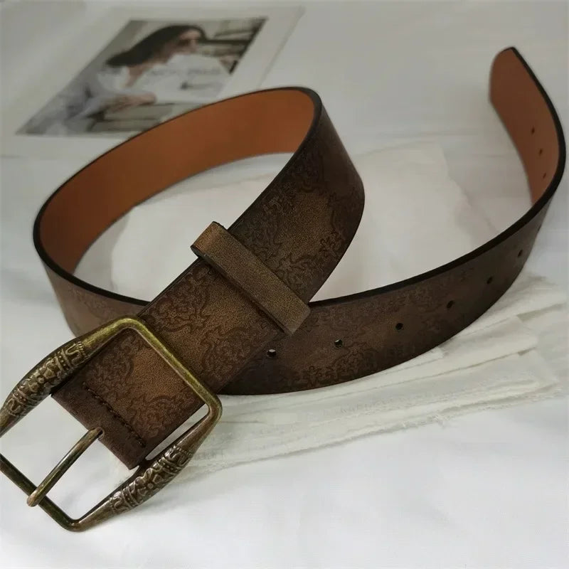 Vintage Western Style Leather Belt with Engraved Buckle and Floral Embossed Design for Women