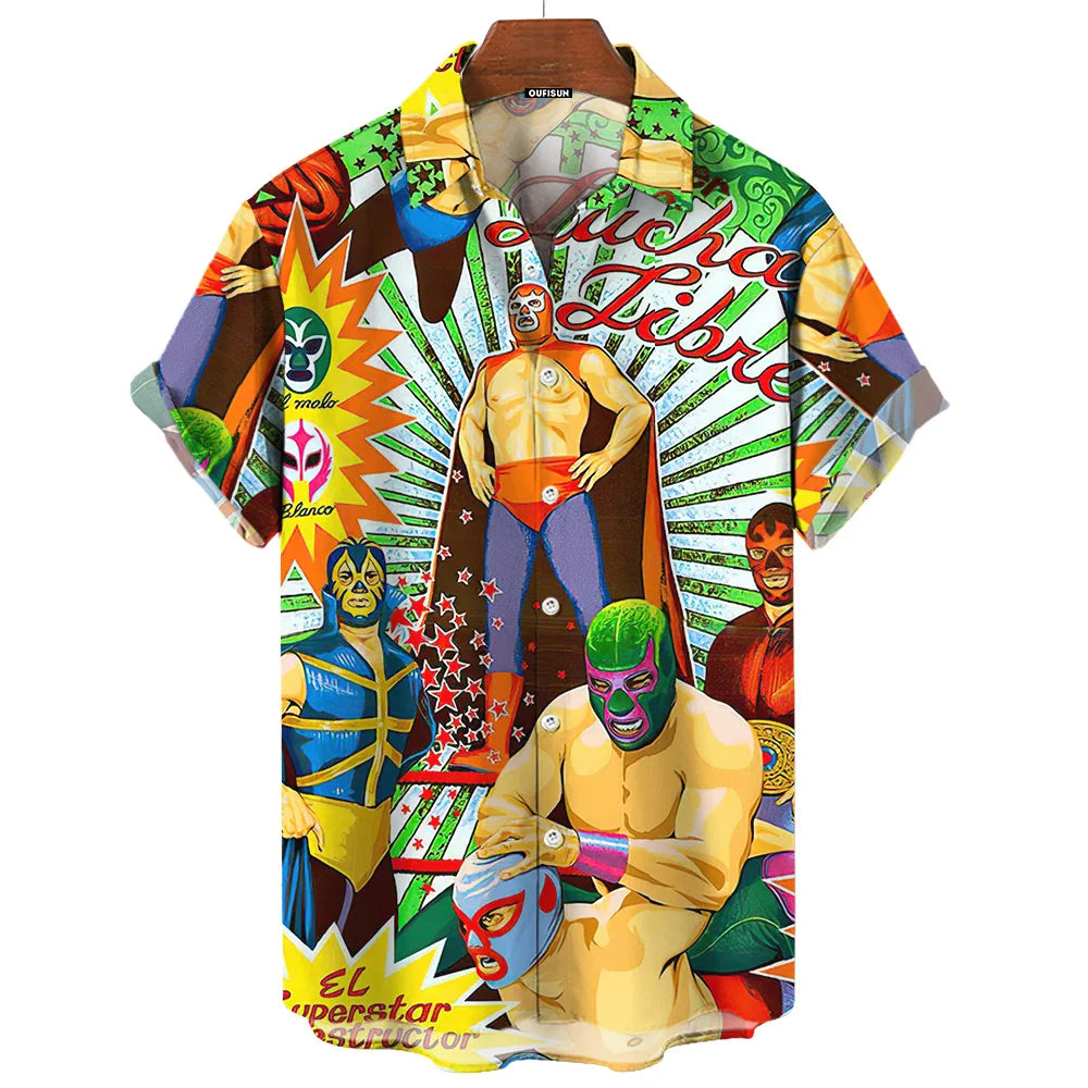 Short-Sleeve Hawaiian Shirt with Lucha Libre Wrestler Print and Button-Up Design