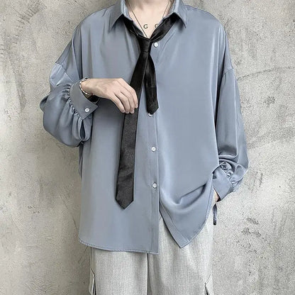 "Men's Long Sleeve Button-Up Shirt with Loose Fit and Elegant Turn-Down Collar Design"