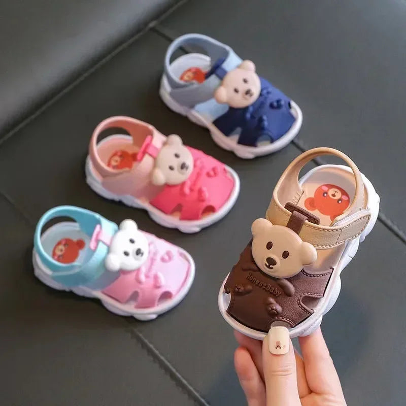 Baby Sandals with Adorable Bear Design and Adjustable Hook-and-Loop Closure, Featuring Soft Soles and Breathable Material for Comfortable Summer Wear