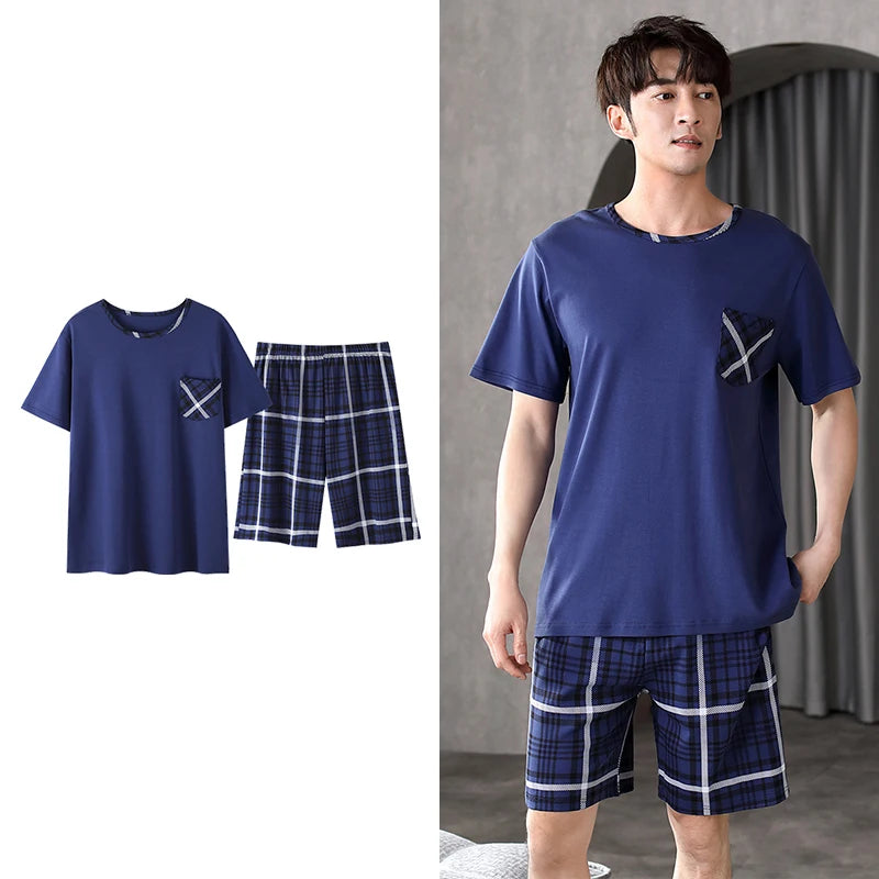 Men's Summer Plaid Pajama Set with Short Sleeve Top and Elastic Waist Shorts Featuring Chest Pocket and Comfortable Fit