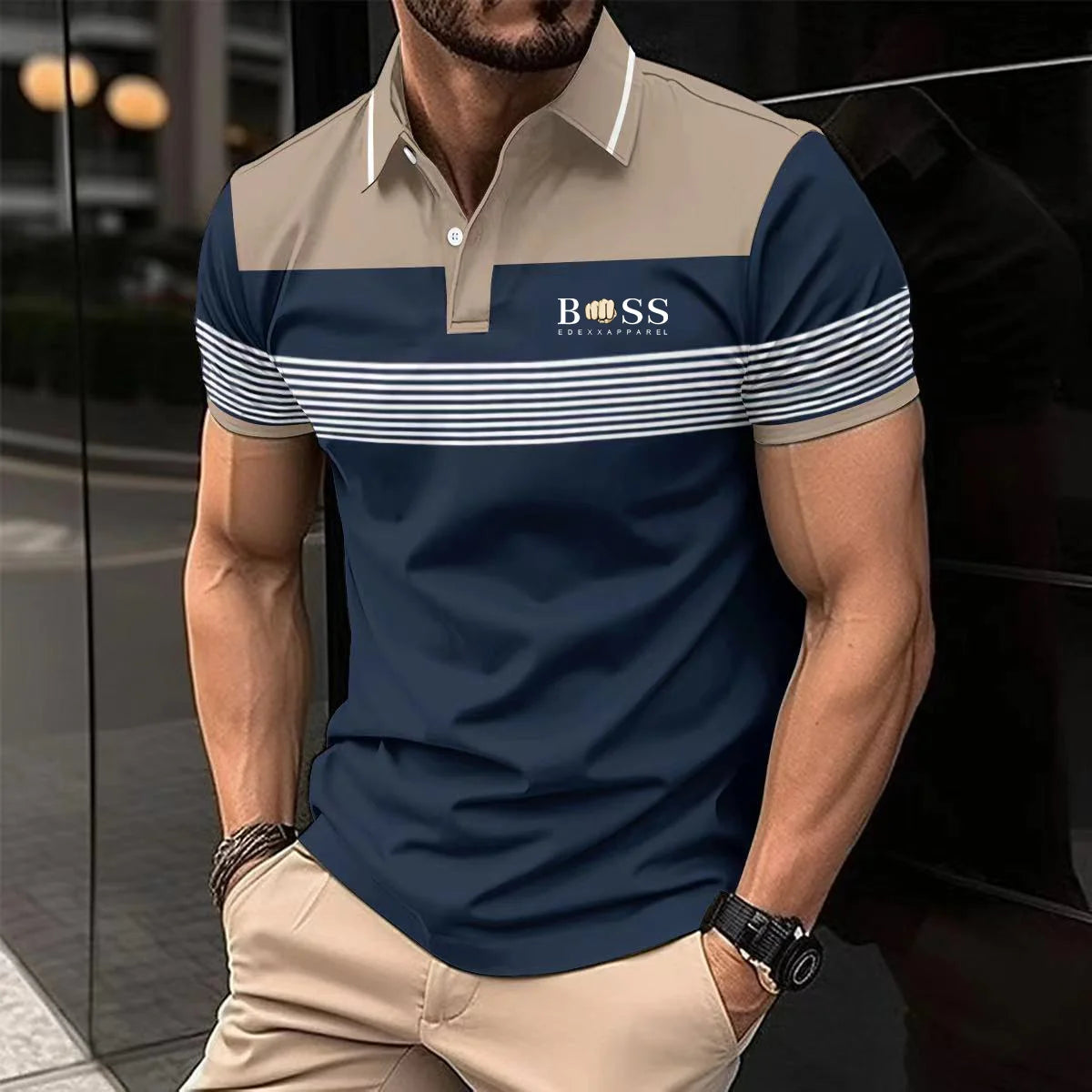 Men's Slim Fit Polo Shirt with Plaid Accent on Sleeves and Collar for a Stylish Casual Look