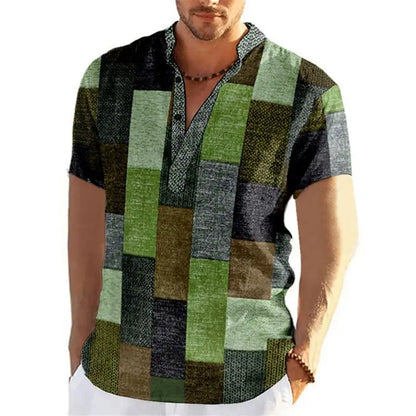 Men's short sleeve V-neck shirt with bold geometric patchwork design for a stylish and unique casual look