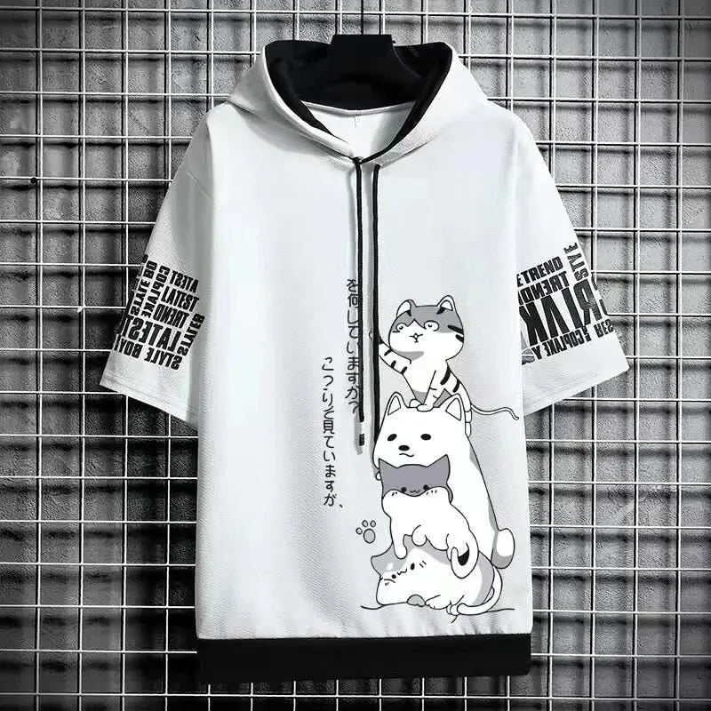 Men's Short-Sleeve Hoodie with Adorable Cartoon Cat Print, Adjustable Drawstring, and Stylish Text Details on Sleeves for Casual Wear