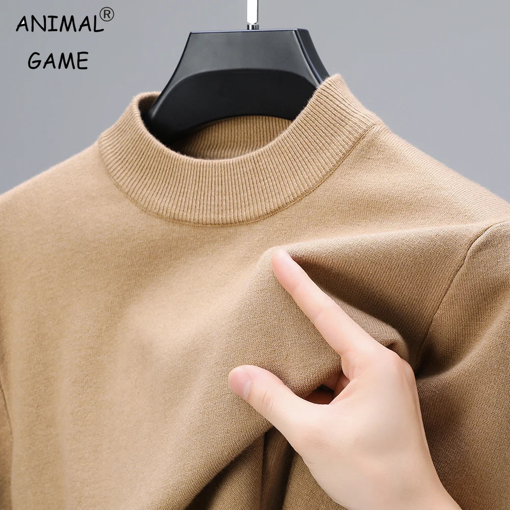 Men's Soft Knit Mock Neck Sweater with Ribbed Collar and Stretchable Fabric