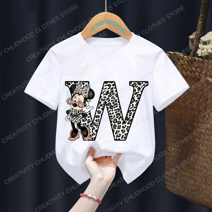 Minnie Mouse Leopard Print Alphabet Graphic T-Shirt for Kids – Trendy and Fun Summer Wear