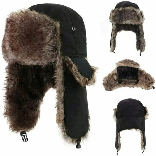 Winter Faux Fur Trapper Hat with Ear Flaps and Adjustable Strap for Ultimate Warmth and Wind Protection