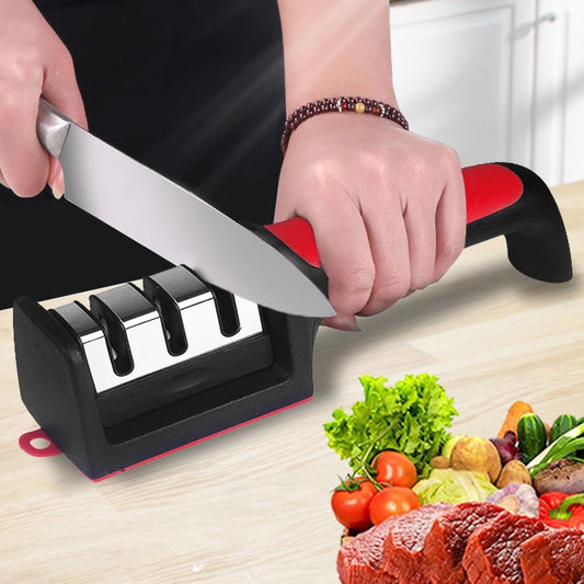 Professional 3-Stage Kitchen Knife Sharpener with Non-Slip Base, Ergonomic Handle, and Easy-to-Use Design for Sharpening and Polishing Blades