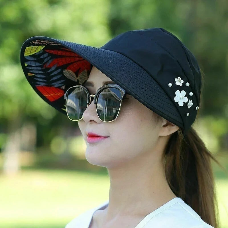 Floral Embellished Wide-Brim Sun Visor Hat with Adjustable Fit and Patterned Underside for Stylish Sun Protection