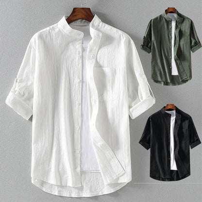 Men's 3/4 Sleeve Mandarin Collar Button-Up Shirt with Chest Pocket and Layered Look, Perfect for Casual and Semi-Formal Outfits