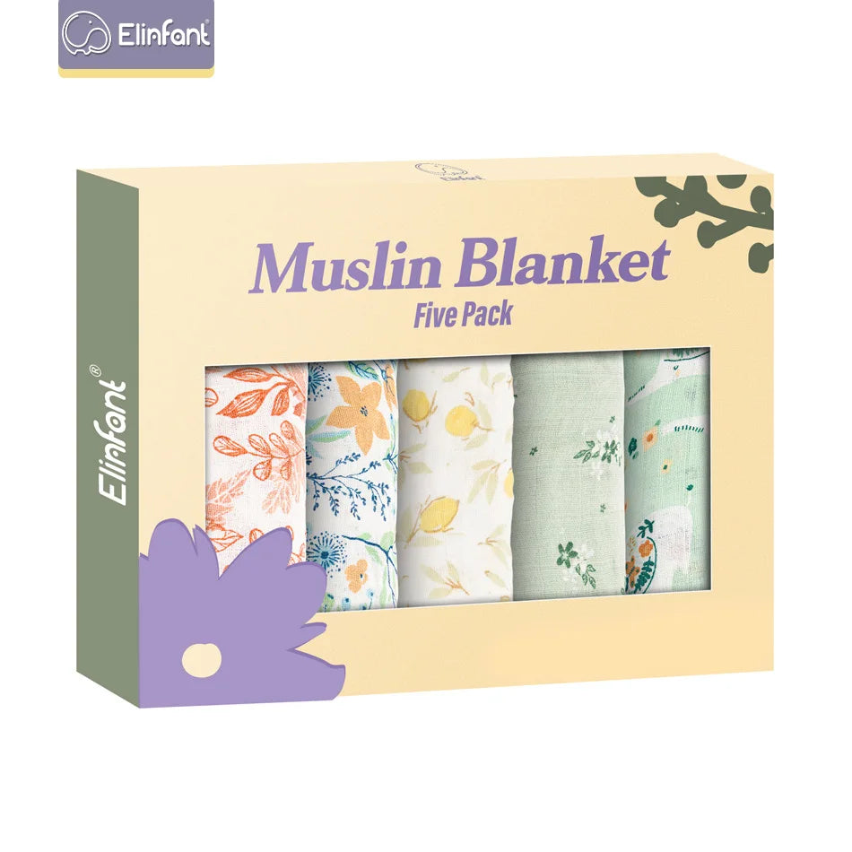 Set of Five Muslin Baby Blankets with Soft and Breathable Material for Comfortable Swaddling and Cuddling