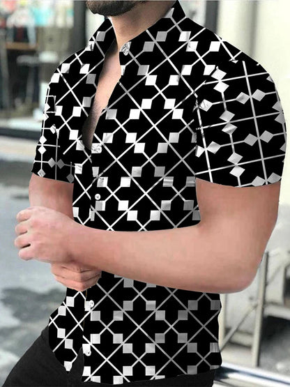 "Men's Short Sleeve Button-Up Shirt with Modern Geometric Print and Slim Fit Design"