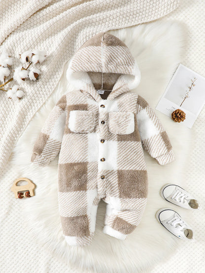 Plush Checkered Hooded Baby Onesie with Front Pockets and Button Closure