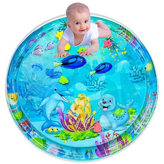 Round Inflatable Tummy Time Water Play Mat with Underwater Theme and Floating Toys for Baby's Sensory Development and Fun Playtime