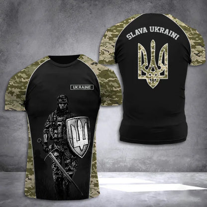 Men's Short Sleeve T-Shirt with Ukrainian Emblem and Flag Design, Featuring Military-Inspired Aesthetics and Patriotic Details