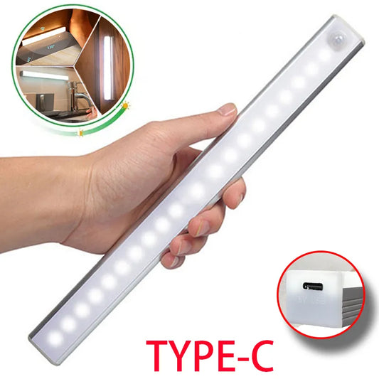 Rechargeable Motion Sensor LED Light Bar with Type-C Charging, Ideal for Under Cabinet, Closet, and Hallway Lighting