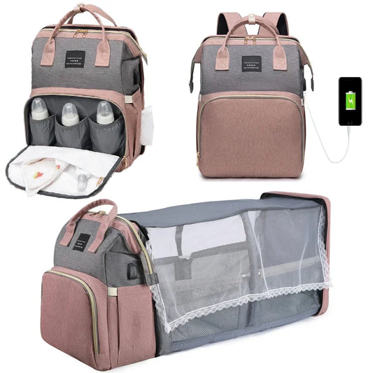 Multi-Functional Diaper Bag with Built-in Bassinet, Insulated Bottle Holders, and USB Charging Port for Convenient Parenting and Travel