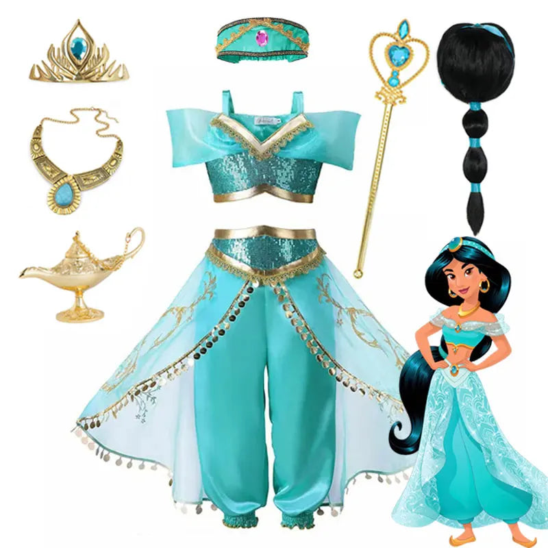 Princess Jasmine Costume Set with Accessories – Includes Tiara, Necklace, Wand, Wig, and Magic Lamp for Dress-Up Play