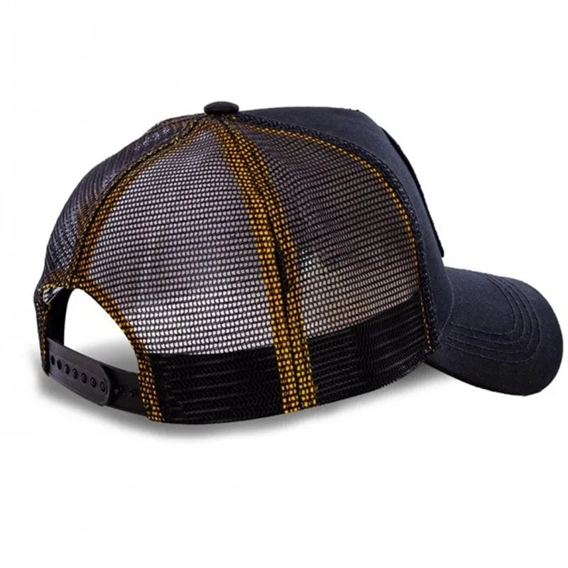 "Mesh Back Trucker Cap Featuring Iconic Cartoon Character Patches for Casual Wear"