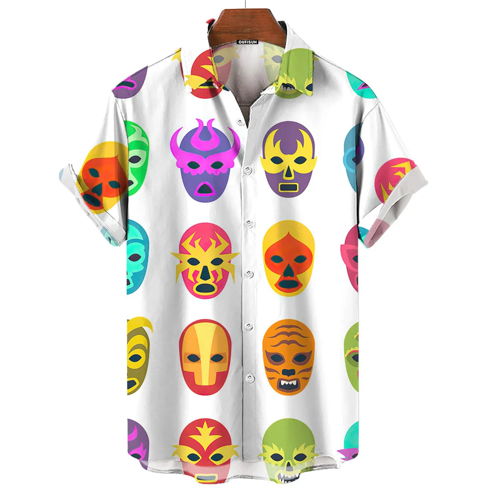 Short-Sleeve Hawaiian Shirt with Lucha Libre Wrestler Print and Button-Up Design