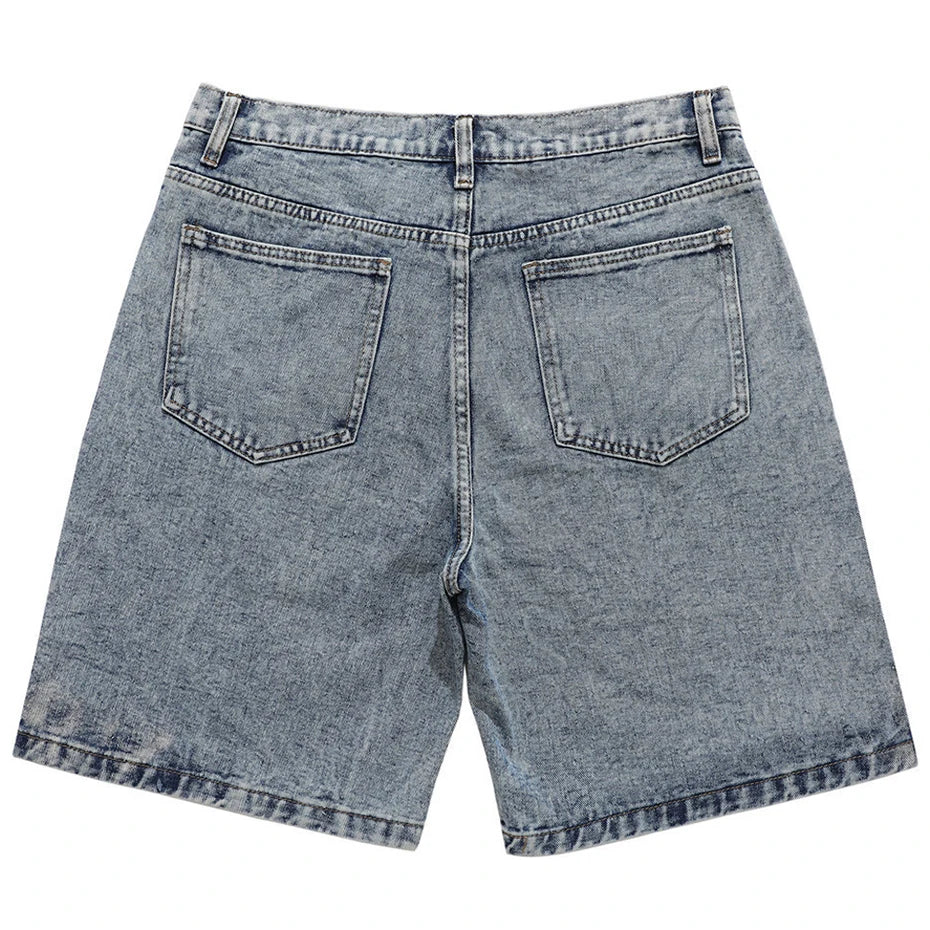 Men's High Street Denim Shorts with Star Patchwork Design, Knee-Length, Button Fly Closure, and Mid Waist Fit.