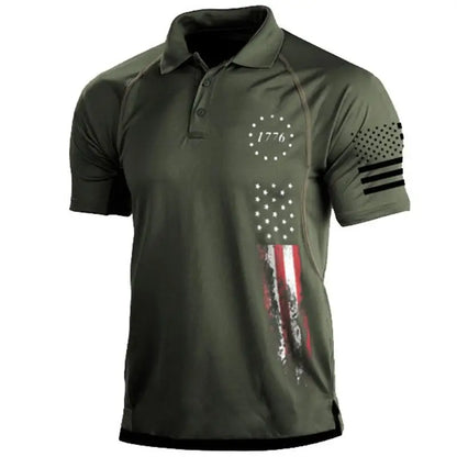 Men's Patriotic Polo Shirt with 1776 Graphic and American Flag Print on Sleeve and Front