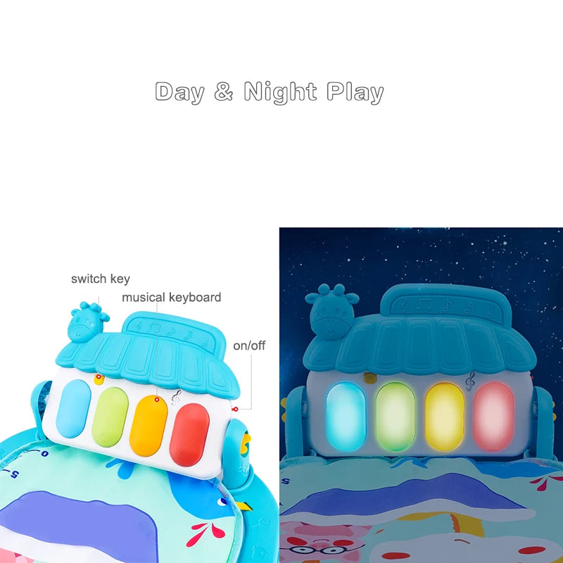 Baby Activity Gym Play Mat with Musical Piano Keyboard, Hanging Toys, and Soft Cushion for Interactive Tummy Time and Sensory Development