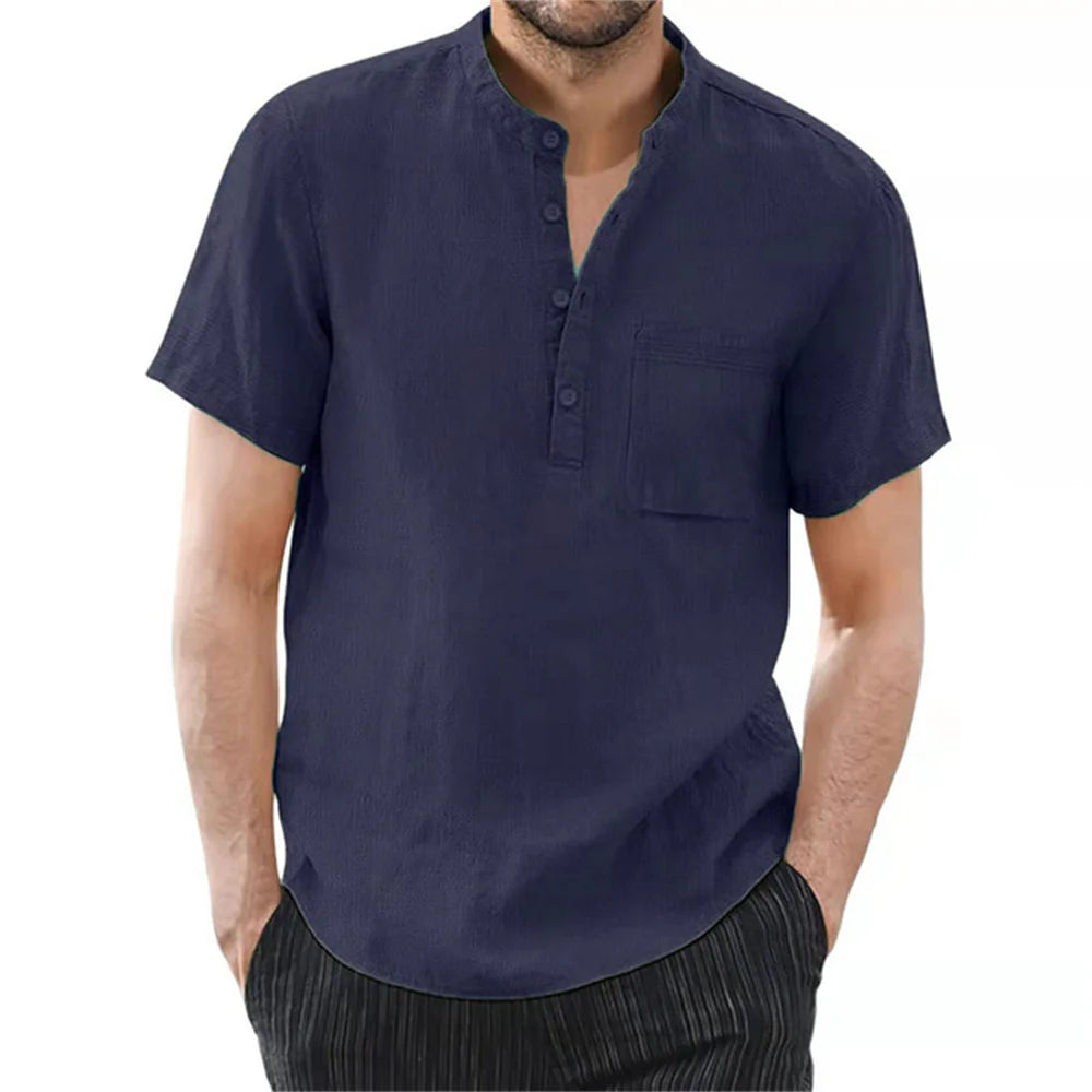 Men's Casual Short Sleeve Henley Shirt with Stand Collar and Chest Pocket