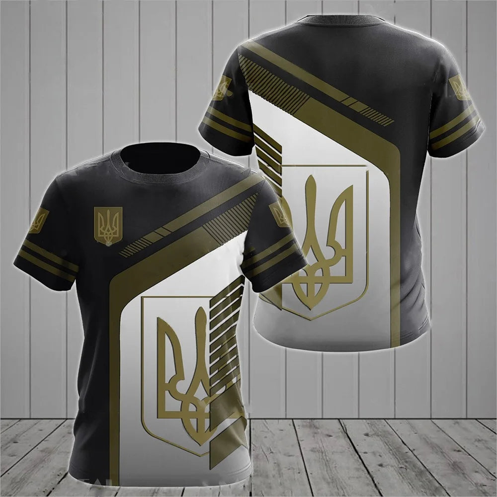 Men's Short Sleeve T-Shirt with Ukrainian Emblem and Flag Design, Featuring Military-Inspired Aesthetics and Patriotic Details