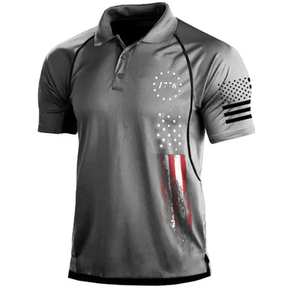 Men's Patriotic Polo Shirt with 1776 Graphic and American Flag Print on Sleeve and Front