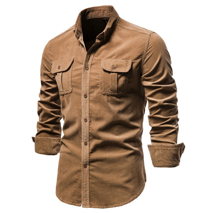 Casual Long-Sleeve Button-Up Shirt with Dual Front Pockets and Turn-Down Collar, Designed for a Versatile and Stylish Look Suitable for Various Occasions