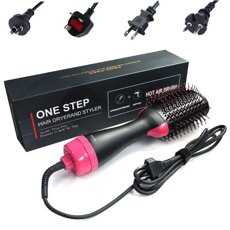 One-Step Hair Dryer and Styler with Hot Air Brush for Straightening, Drying, and Volumizing with Multiple Plug Options for Global Use