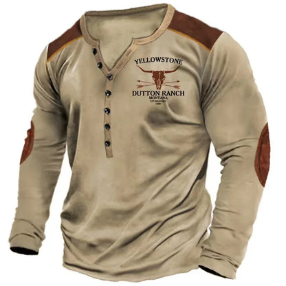 Men's Long Sleeve Button-Up Henley Shirt with Tribal Print and Yellowstone Dutton Ranch Logo