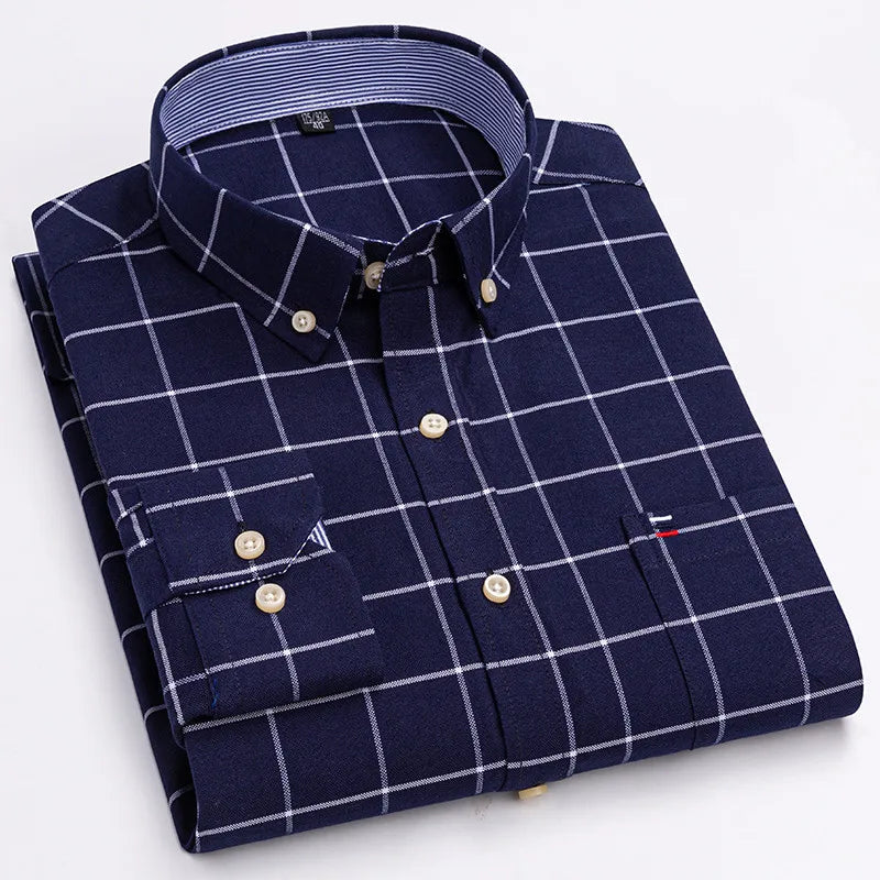 Premium Cotton Button-Down Oxford Shirt with Striped Collar Detail, Long Sleeves, and Classic Chest Pocket Design for Men.