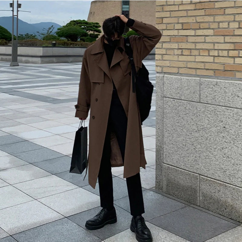 Men's Long Double-Breasted Trench Coat with Lapel Collar and Full-Length Sleeves for Elegant Autumn and Winter Wear