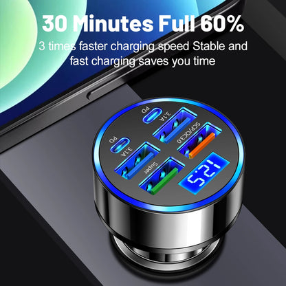 100W Fast Charging Multi-Port Car Charger with Digital Display and Power Delivery Technology for Efficient Device Charging