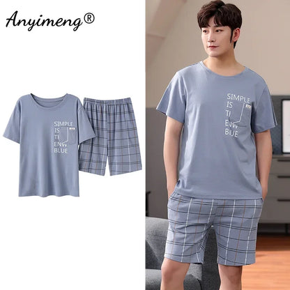 Men's Summer Plaid Pajama Set with Short Sleeve Top and Elastic Waist Shorts Featuring Chest Pocket and Comfortable Fit