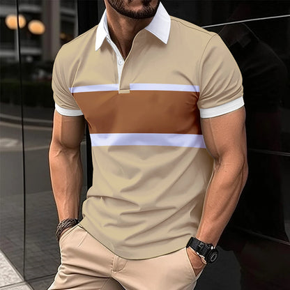 Men's Short Sleeve Polo Shirt with Horizontal Stripe Design and Button Placket for Casual Wear