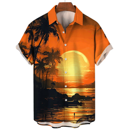 Vintage Surf and Palm Tree Print Short-Sleeve Hawaiian Shirt with Button-Up Closure and Turn-Down Collar