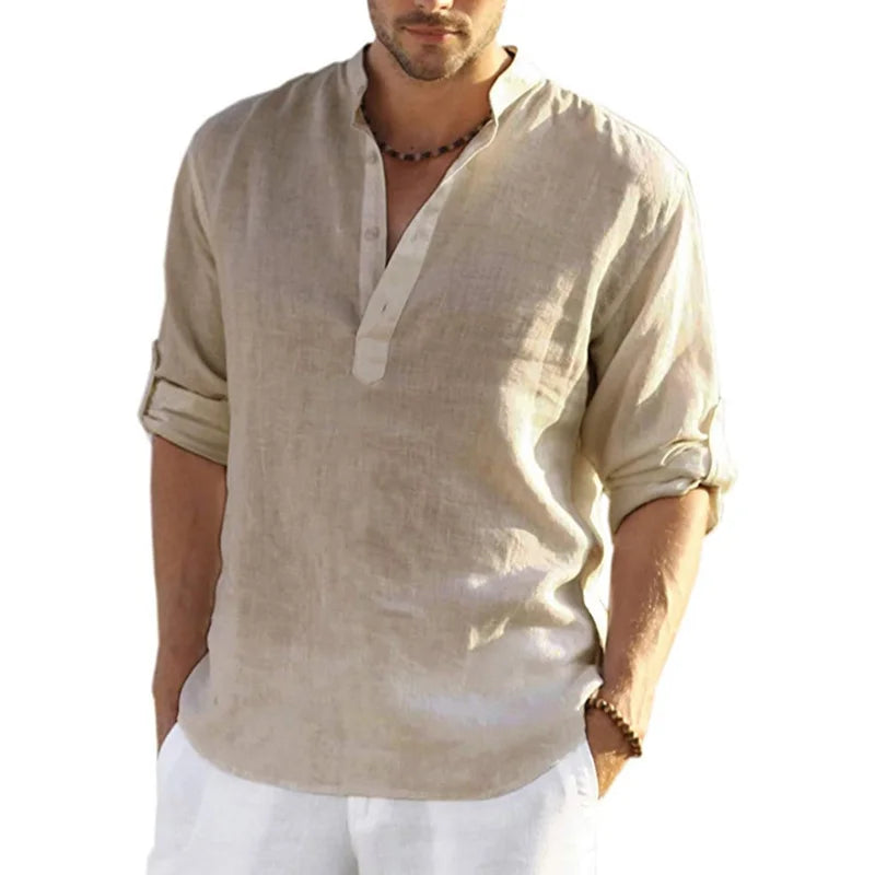 Men's Casual Long Sleeve Linen Blend Henley Shirt with Roll-Up Sleeves and Stand Collar, Available in Multiple Colors