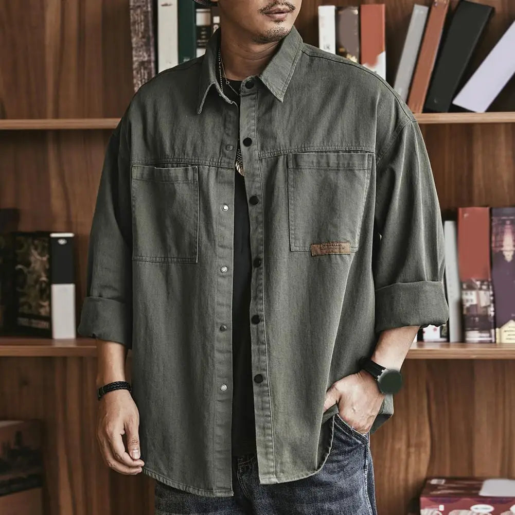 Casual Long-Sleeve Button-Up Shirt with Dual Chest Pockets and Turn-Down Collar