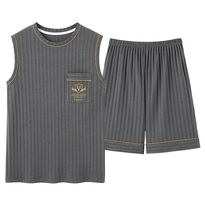 Men's Striped Short and Long Sleeve Pajama Set with Chest Pocket and Contrast Piping for Versatile Sleepwear Options