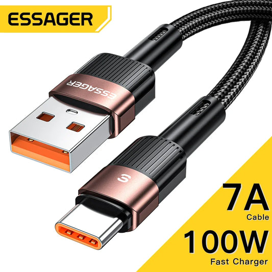 100W USB Type-C Fast Charging Cable with 7A Output, Durable Braided Design, and Enhanced Data Transfer Speed for Smartphones and Laptops