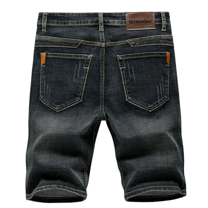 Men's Denim Shorts with Decorative Stitching and Back Pockets, Knee-Length Casual Fit