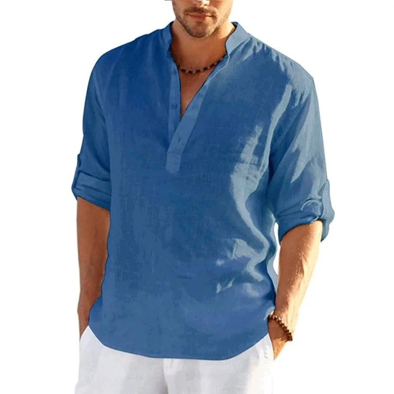 Men's Casual Long Sleeve Linen Blend Henley Shirt with Roll-Up Sleeves and Stand Collar, Available in Multiple Colors