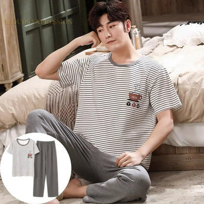 Men's Casual Short Sleeve T-Shirt with Chest Pocket Detail and Matching Plaid Lounge Pants Set for Relaxed Home Wear