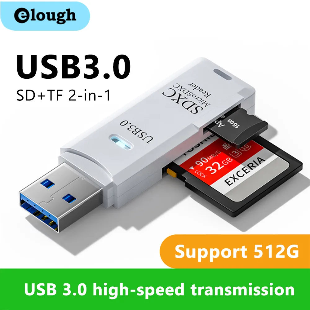 USB 3.0 High-Speed SD and TF Card Reader 2-in-1 Adapter with 512GB Support for Fast Data Transfer