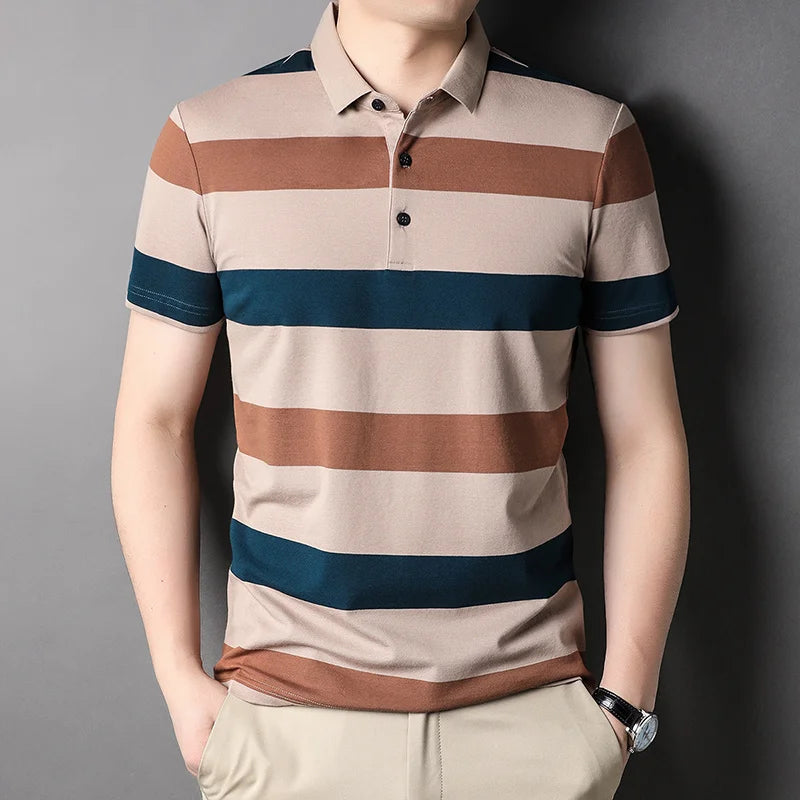 Men's Striped Short Sleeve Polo Shirt with Button Placket and Classic Fit Design